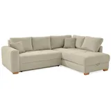 luma-home Dauerschlaf-Ecksofa Boxspring Federkern-Couch Topper Bettkasten, Cord Beige Grau / Beige