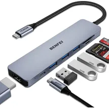 Benfei USB C HUB 7in1,USB-C HUB Multiport Adapter mit HDMI(4K@60Hz Zertifiziert)/100W Power Delivery/3*USB 3.0 5Gbps/SD/TF Card Reader(160MB/s) für iPhone 15 Pro/Max MacBook iPad Pro iMac S23 XPS17
