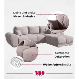 bromarkt Ecksofa NUBES Schlaffunktion Bettkasten L-Form 298x184x85cm Rosa - Rosa