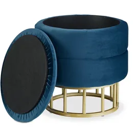 Relaxdays Samthocker mit Stauraum, runder Sitzhocker, gepolstert, Wohnzimmer, H x D: 40 x 40 cm, Hocker Samt, blau/gold