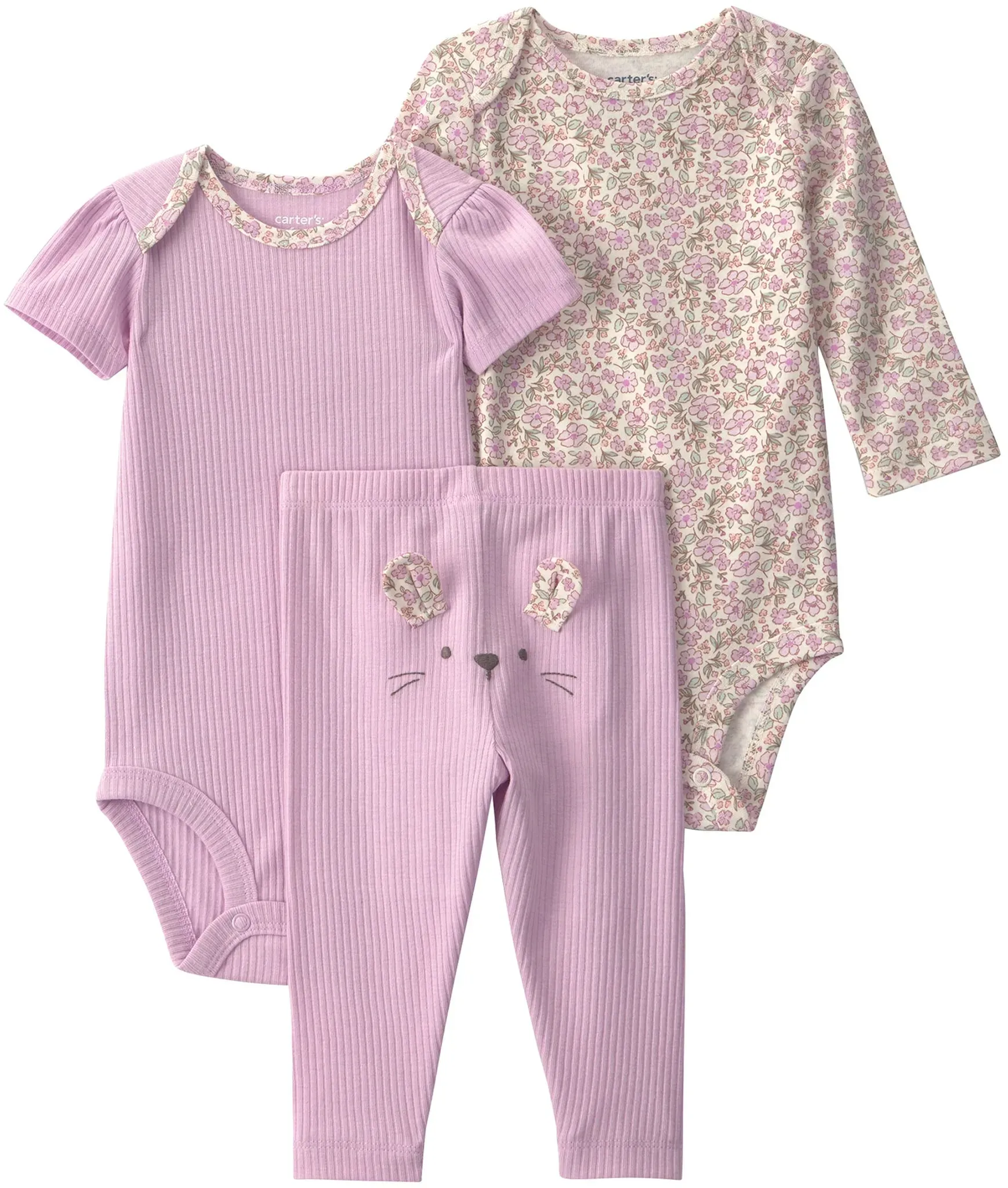 Carter's 3-tlg. Set Body kurzarm, langarm und Leggings Blumen Rippqualität, lila, 86