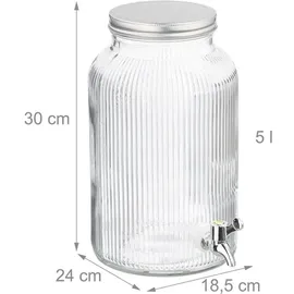 Relaxdays Getränkespender, Limobehälter geriffelt, 5 L, Zapfhahn & Deckel, Wasserspender, Glas & Eisen, transparent