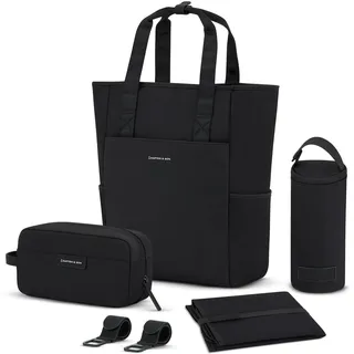 Kapten & Son Rucksack Lindby Diaper Set All Black 18 L | 2in1 Wickelrucksack & Wickeltasche mit Kinderwagen- und Kofferbefestigung | inklusive Kulturtasche, Wickelunterlage & isolierter Flaschenhalter