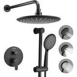 Vevor Regenduschsystem fürs Badezimmer mit 229 mm runden Regenduschkopf & Handbrause, wandmontierte Badezimmerarmaturen mit Messingventil und Finishing-Kit, Duscharmatur Mattschwarz