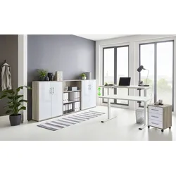 Büromöbel-Set BMG MÖBEL "Tabor", beige (eiche sonoma, weiß matt, tisch weiß), Metall, Holzwerkstoff, Arbeitsmöbel-Sets, mit elektrisch höhenverstellbarem Schreibtisch