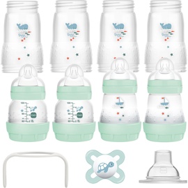 MAM Easy Start Anti-Colic Starter Set, mitwachsende Baby Erstausstattung mit Schnuller, Flaschen & Griffen, Baby Geschenk Set, ab Geburt, blau