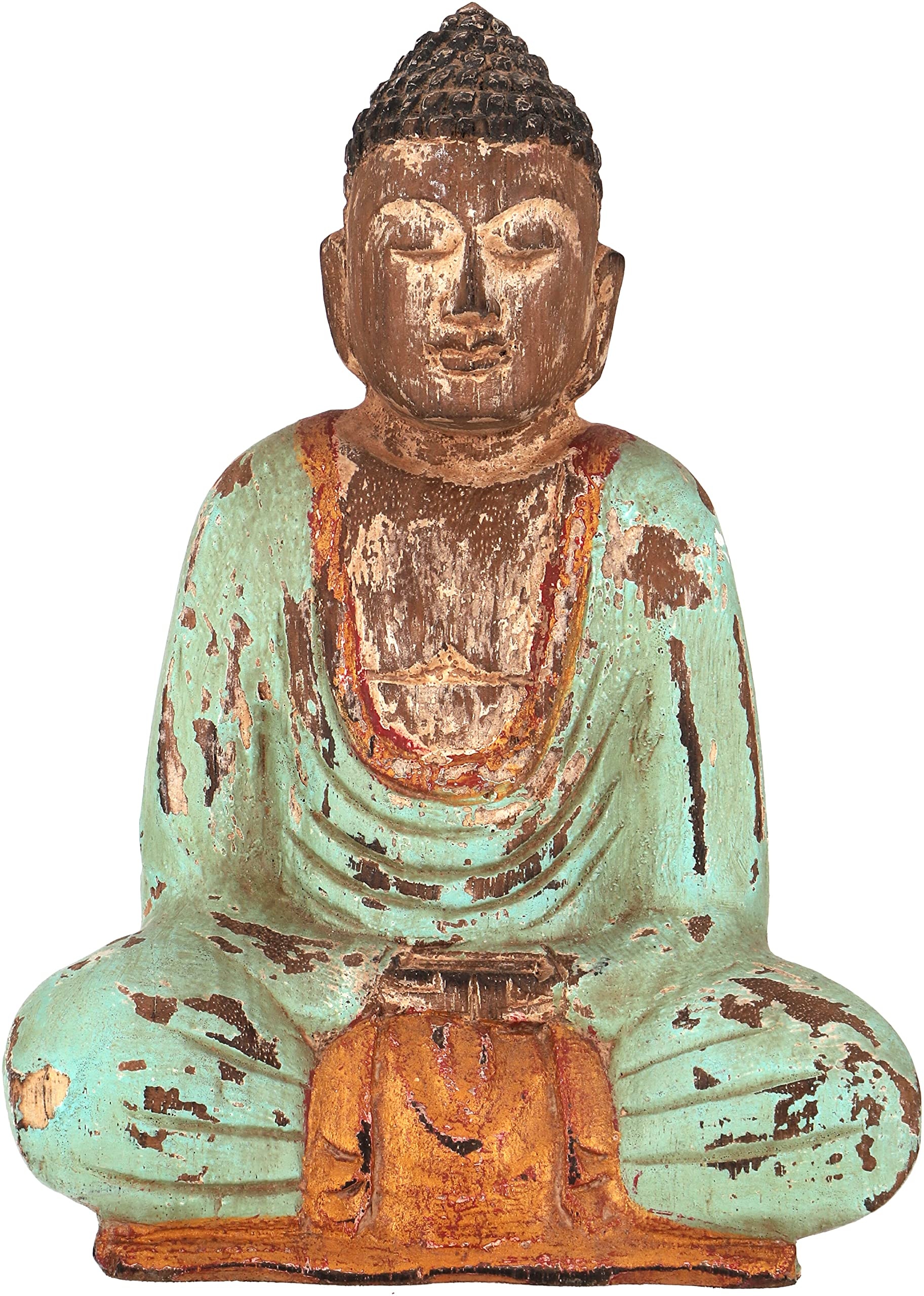 GURU SHOP Sitzender Holzbuddha, Buddha Statue, Handarbeit 21 cm, Antik Grün - Modell 16, Buddhas