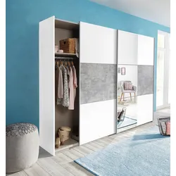 Schwebetürenschrank RAUCH "Prenzlau", weiß (weiß, beton, optik), B:261cm H:210cm T:59cm, Schränke, mit Spiegel