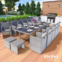 Swing&Harmonie Poly Rattan Sitzgruppe Esstisch Lounge Gartenmöbel Sitzgarnitur Set + 10x Stühle + 4x Hocker - grau