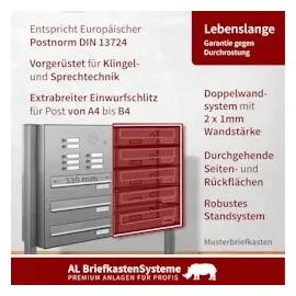 AL Briefkastensysteme 1 Fach Premium Edelstahl Stand Briefkasten Anlage mit Klingeln, Post A4 modern, robust, wetterfest, Artikelnummer: 132V1DZS1KS