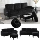 Reversibles Ecksofa 4 Plätze Aus Chenille Mit Pouf Truhe, 2 Getränkehalter Und Seitentaschen, Schwarz