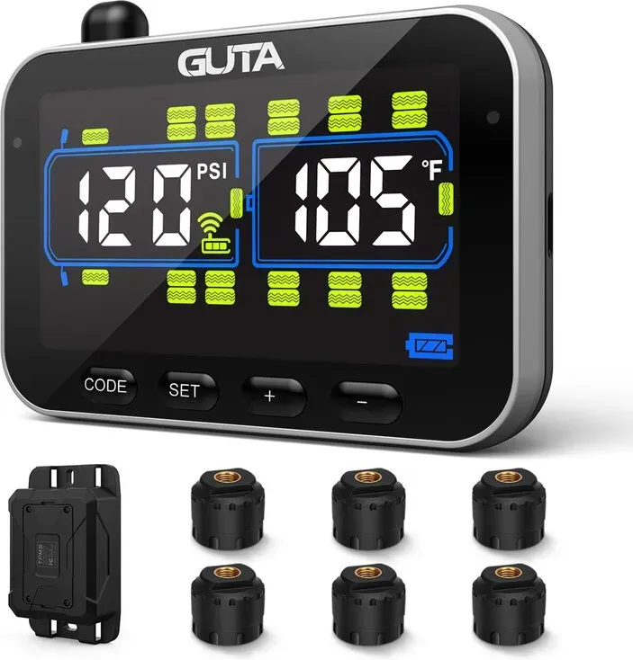 GUTA Wohnmobil/Anhänger Reifendruckkontrollsystem mit 6 Sensoren, 0-188PSI Echtzeitüberwachung, 6 Alarme, LCD-Farbbildschirm, Repeater, Fernkommunikation, Unterstützt bis zu 24 Reifen, GT20C+6GS02+GB30
