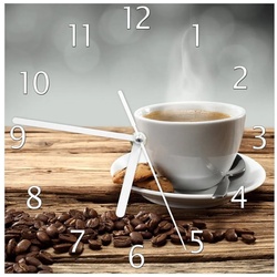 Wallario Wanduhr Heiße Tasse Kaffee mit Kaffeebohnen (Glasuhr) braun 20 cm x 20 cm