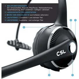 CSL Mono Bluetooth Headset mit Ladestation, Kopfhörer mit flexiblem Mikrofon, Multipoint, kabellos, leicht, freisprechen, Chat Callcenter Meeting