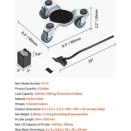 Vevor Möbelwagen 4er-Set, 158 x 158 x 65 mm, 200 kg Tragkraft, aus Stahl mit dreieckiger Lenkrolle, Transportroller für Haushaltsgeräte, Sofa, Kühlschrank