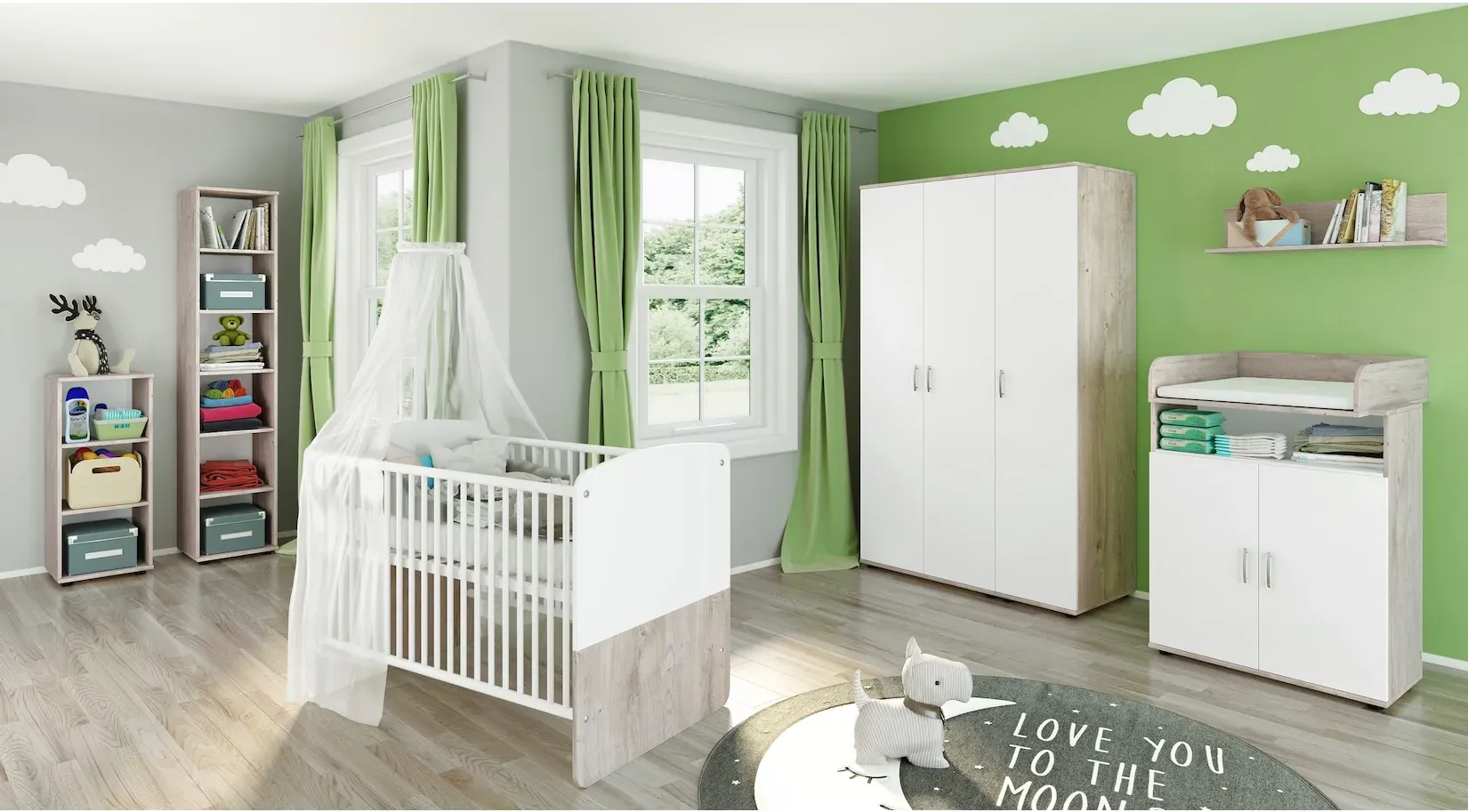 nonjoo. Babyzimmer Lani Set 10: best. aus Babybett, Kommode, Wickelaufsatz, Wandboard, Regal mit 3 Fächern, Regal mit 6 Fächern und Kleiderschrank 3-trg.