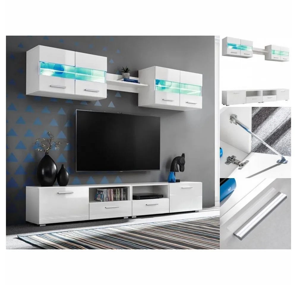 vidaXL TV-Schrank 5-tlg TV-Wohnwand-Set mit LED-Leuchten Hochglanz-Weiß weiß