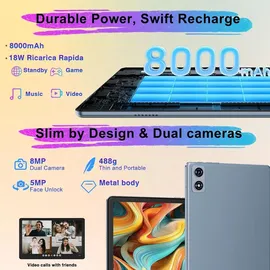 dghrti 2025 Tablet Android, 10 Zoll | 22 GB RAM + 128 GB ROM + TF 1 TB | UFS 2.1 Flash | 8-Core-Prozessor | 8000 mAh | WiFi 5G | BT5.0 | Widevine L1 mit 2-in-1-Tablet mit Tastatur und Maus–Grau