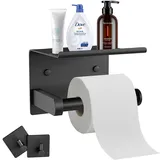 Toilettenpapierhalter Ohne Bohren oder Bohren, Klopapierhalter Edelstahl mit 2 Haken, WC Papier Halterung Selbstklebend mit Telefon Ablage, Wandhalterung Klorollenhalter für Küche, Badzimmer(Schwarz)