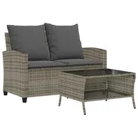 vidaXL Gartensofa 2-Sitzer mit Kissen & Tisch Grau Poly Rattan