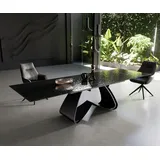 DeLife Esstisch Edge 200-300x100 Reliefglas Rauchschwarz 3D-Design W-Gestell Schwarz ausziehbar