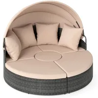 COSTWAY Sonneninsel, Sonnenliege Rattan mit 4 Kissen, einziehbarem Vordach beige