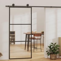 Hommdiy Schiebetür mit Beschlag Glasschiebetür Glastür Glas Schiebe Tür Schiebetürsystem Laufschiene Schiebetürbeschlag ESG-Glas Aluminium 90x205 cm(200 cm Gleitschiene) 2 Horizontale Stäbe