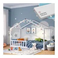 bellabino Bia Kinderbett 90x200 cm – Hausbett mit Matratze, Rausfallschutz & Lattenrost – Montessori Bodenbett aus Massivholz Kiefer – Kinder Bett in Weiß für Jungen und Mädchen