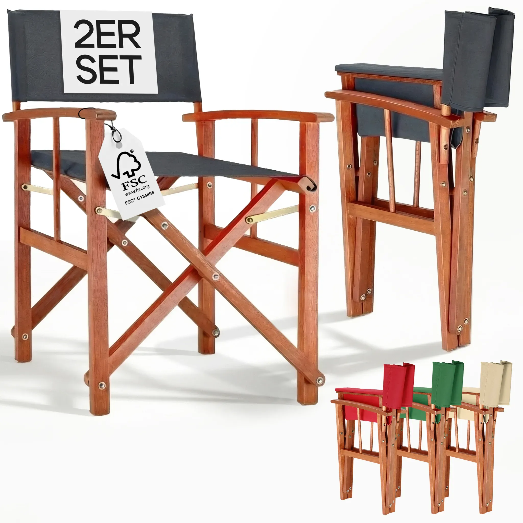 Director's chair anthracite set of 2 eucalyptus wood FSC®-certified Folding garden chair up to 160kg