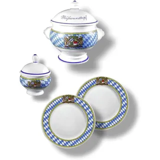 Bavarian Liquids 4-teiliges Bayerisches Weißwurst-Set mit Rautenrand, Weißwurst-Terrine BZW. Weißwurst-Topf 1l, Senf-Topf und 2 Weißwurst-Tellern