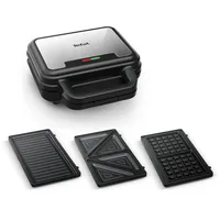 Tefal Ultracompact 3-in-1 Sandwich-Waffel-Panini Kombigerät, Antihaftbeschichtung, wärmeisolierter Griff, Edelstahl/Schwarz, SW383D10 Tischgrill, Schwarz,