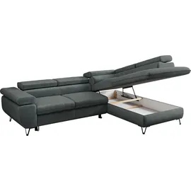 MKS Meble Ecksofa Sofa Grau, Wohnlandschaft L-Form mit Schlaffunktion und Bettkasten, Schlafsofa mit Bettkasten, Sofa mit Einstellbare Kopfstützen, Peter L ... - Dunkelgrau