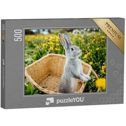 puzzleYOU Puzzle Graues Kaninchen im Korb auf einer Löwenzahnwiese, 500 Puzzleteile, puzzleYOU-Kollektionen Hasen, Bauernhof-Tiere