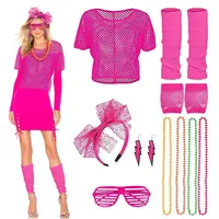 mizikuu 80er Jahre Outfit Damen, Kleidung Damen Set Kostüm Accessoires Neon Off Shoulder Netzshirt Brille bunte Halskette 80s 90er Jahre Thema Retro Neon Party Outfit für Karneval Party