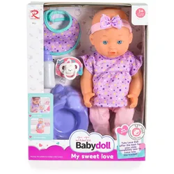 Moni Kinderpuppe 31 cm Töpfchen, Schnuller, Trinkflasche, Lätzchen, Kleidung lila