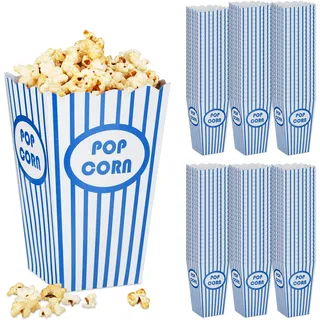Relaxdays Popcorntüten, 48er Set, gestreift, Retro-Optik, Kino, Filmabend Zubehör, Pappe, Popcornbehälter, blau/weiß