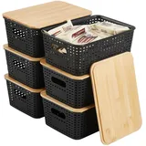 Sagittar 6er-Set Aufbewahrungsbox mit Bambus Deckel, Imitierter Rattan Kunststoff Aufbewahrungskorb, Stapelbare Aufbewahrungsboxen, Organizer Ideal für Büro, Kleiderschrank (Schwarz)