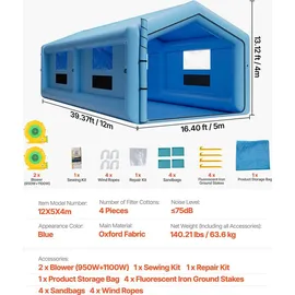 Vevor aufblasbare Lackierkabine Spritzkabine 12x5x4 m, Lackierkabinenzelt mit 950+1100 W Gebläse & Luftfiltersystem, Dreieckdach, Oxford-Gewebe, Spritzlackierung für Metallteile von Kraftfahrzeugen