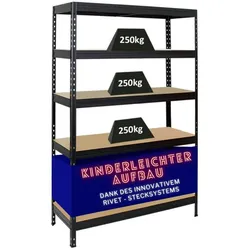 PROREGAL Schwerlastregal Rivet HxBxT 180x120x45cm Fachlast 250kg, Innovatives Stecksystem, Schwarz, Garagenregal, Lagerregal, Steckregal, Kellerregal