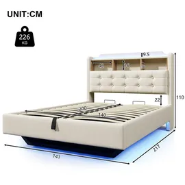 stilvora Polsterbett 140x200 cm mit LED-Lichtleiste und hydraulischem Stauraum, Doppelbett mit Staufächern und schwebendem Design, Jugendbett mit ... - Beige