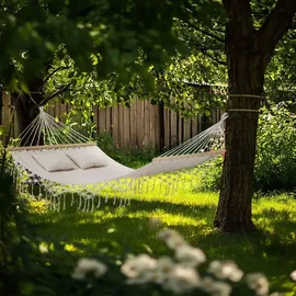 outtec Outtec® Hängematte mit 2 Kissen - 200x150 cm, bis 220kg - Boho Hammock für Outdoor, Garten, Balkon - für Kinder und Erwachsene - Beige