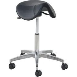 Euroseats Matera Sattelhockersitz aus schwarzem Spaltleder mit Schaumstoffkissen, stufenloser Kippmechanismus, mit gebremsten Rädern
