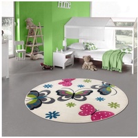 Kinderteppich Kinderzimmer-Teppich mit Schmetterlingen in creme pink, Teppich-Traum, rund blau|grau|grün|weiß rund - 120 cm x 120 cm
