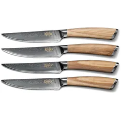 Steakbesteck KÄFER, grau (edelstahl), 4 tlg., Klingenstahl, Massivholz, Essbesteck-Sets, Olivenholzgriff, 67-lagiger Damaszenerstahl, Klingenlänge 12 cm