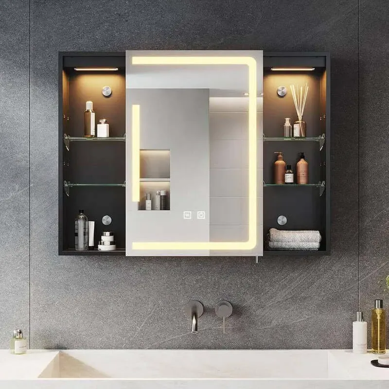 SONNI Badezimmerspiegel mit Beleuchtung und Stauraum, 80 x 60 cm, LED-Spiegel mit Steckdose, dimmbar, 3 einstellbare Lichtfarben, beschlagfrei, Badezimmer-Wandschrank, Medizinschrank, matt schwarz