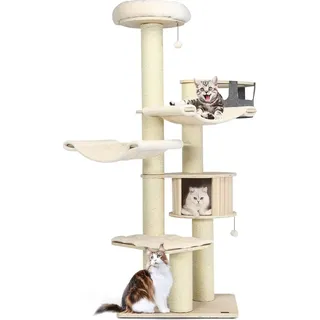 Costway Kratzbaum Holz, 197 cm, Katzenbaum mit Hängematte & Katzenhöhle & Hängekorb & Bällen, Katzenkratzbaum Groß, Katzen Katzenmöbel, Kletterbaum Aktivitätsbaum Spielbaum, Beige