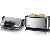 SEVERIN KG 2389 Kontaktgrill (1.800 W, Zum Grillen und Toasten) Silber/schwarz & Automatik-Langschlitztoaster, Toaster mit Brötchenaufsatz, Edelstahl-gebürstet/schwarz, AT 2509