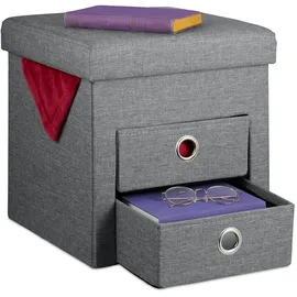 Relaxdays Sitzhocker mit Stauraum, 2 Schubladen, Griffe, faltbar, gepolstert, Hocker HBT: 39 x 37 x 37 cm, dunkelgrau