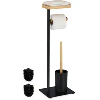 Relaxdays WC Garnitur, Bambus, Eisen, freistehender Klopapierhalter, Toilettenbürste mit