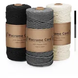Premium Makramee Garn Set, 3mm - 3 Farben (Schwarz, Grau, Beige) | 300m Baumwollgarn für Makramee | DIY Set für Wandbehänge & Moderne Deko
